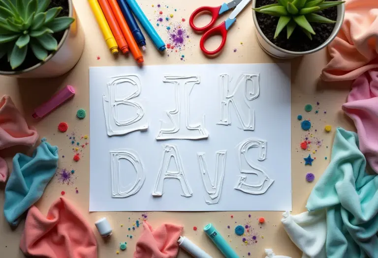 Moldes de letras impressos em mesa de artesanato com materiais diversos