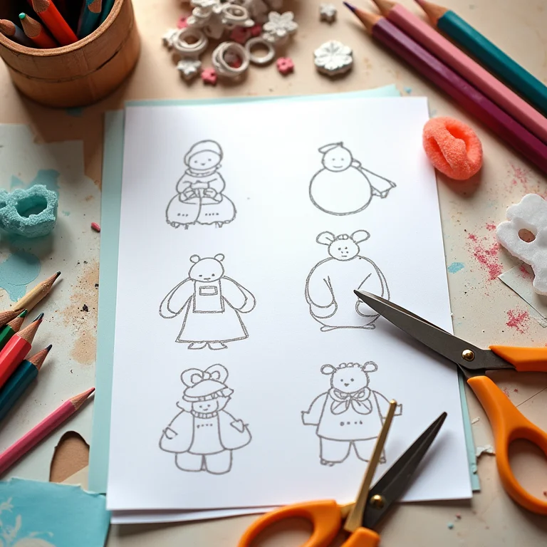 Moldes do Stitch impressos sobre mesa de artesanato com materiais