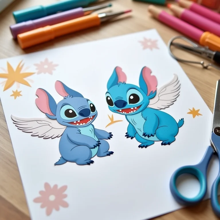 Moldes impressos do Stitch e Angel sobre uma mesa de artesanato