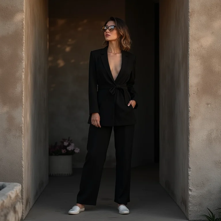 Monocromático preto total: blazer preto alongado combinado com peças de diferentes texturas para um visual impactante.