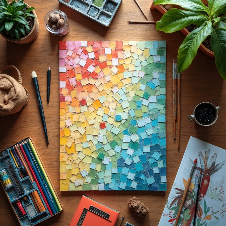Mosaico de azulejos coloridos dispostos sobre superfície de madeira com materiais de arte