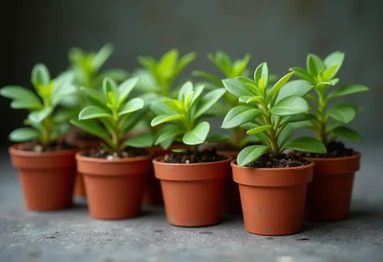 Mudas de petúnias em pequenos vasos de cerâmica