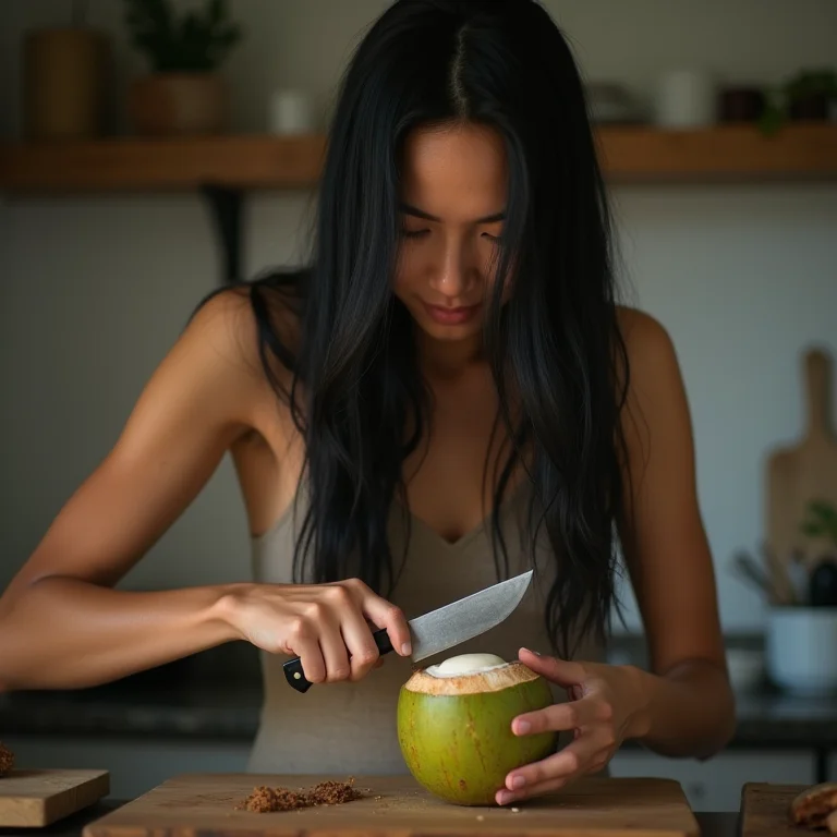 Mulher abrindo coco com facão na cozinha.