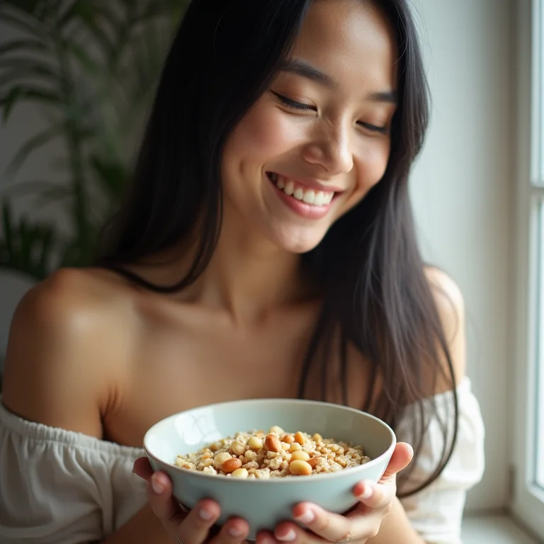 Mulher adicionando nozes de macadâmia ao mingau