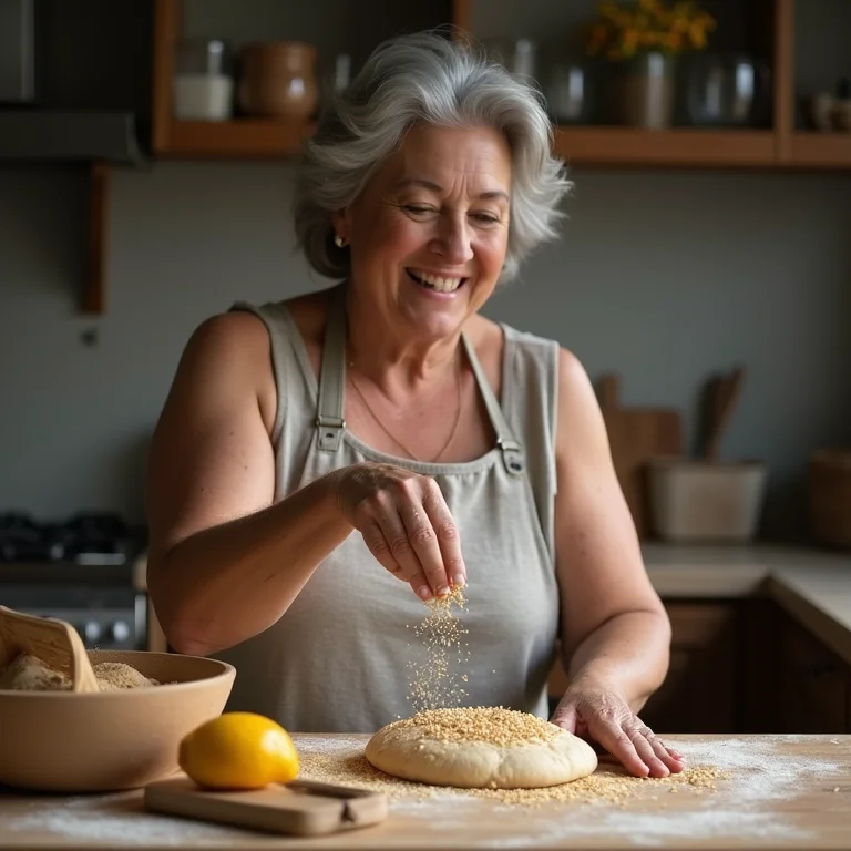 Mulher adicionando sementes e grãos em massa de pão caseiro