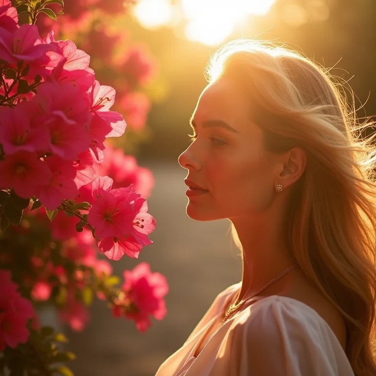 Mulher admirando bougainvillea vibrante sob a luz do sol