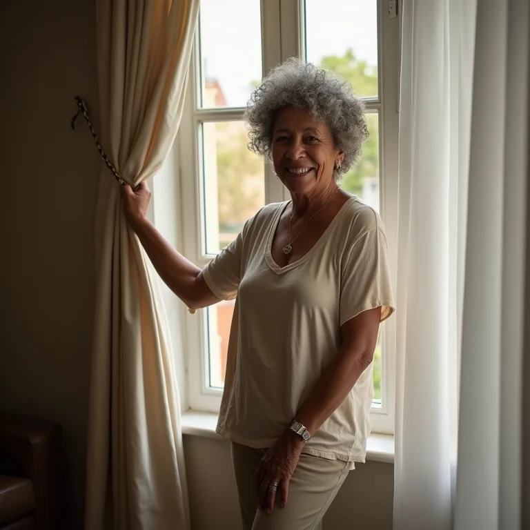 Mulher ajustando a altura de uma cortina.