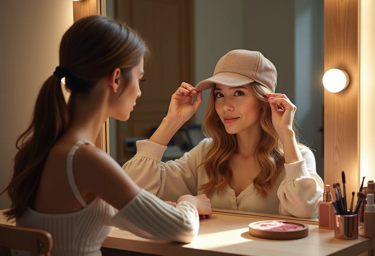 Mulher ajustando boné aba curva feminino em frente ao espelho, luz natural suave.
