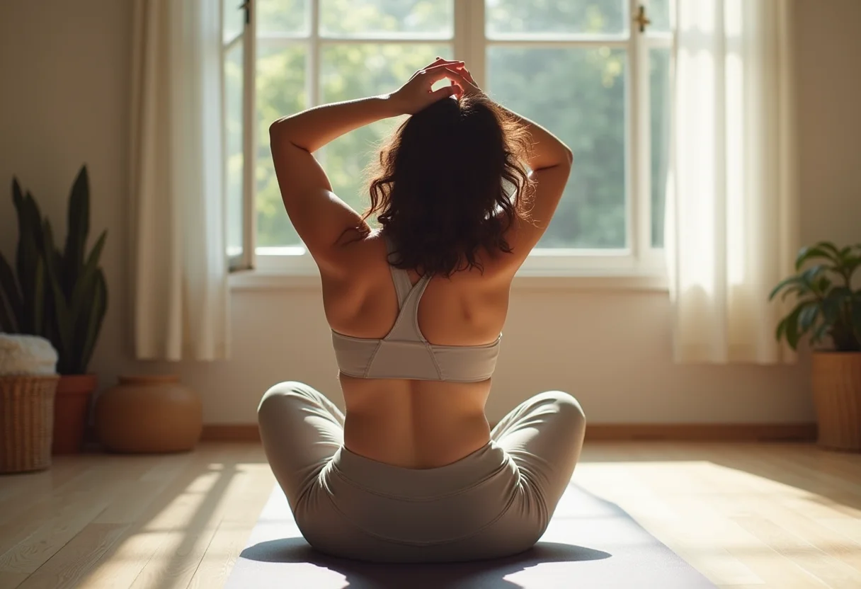 Coluna travada? 5 alongamentos que aliviam a dor em minutos Mulher alongando a coluna em casa