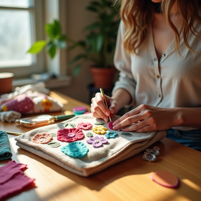 Mulher aplicando apliques coloridos em ecobag