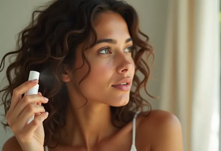 Mulher aplicando perfume capilar em seus cabelos ondulados