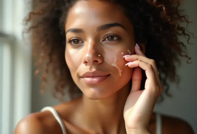 Mulher aplicando sérum de Vitamina E no rosto