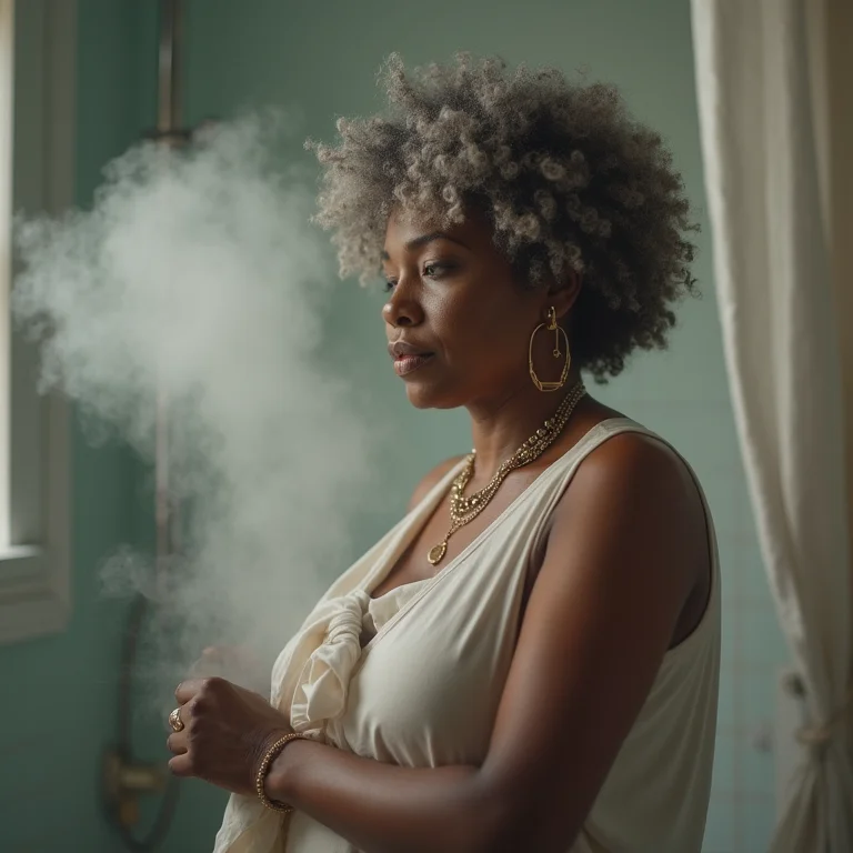 Mulher aproveitando vapor do chuveiro para desamassar roupa