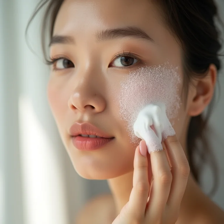 Mulher asiática aplicando sabonete facial suavemente