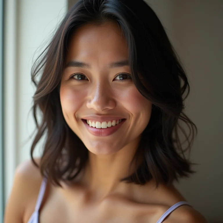 Mulher asiática-brasileira com blush malva e bronze.