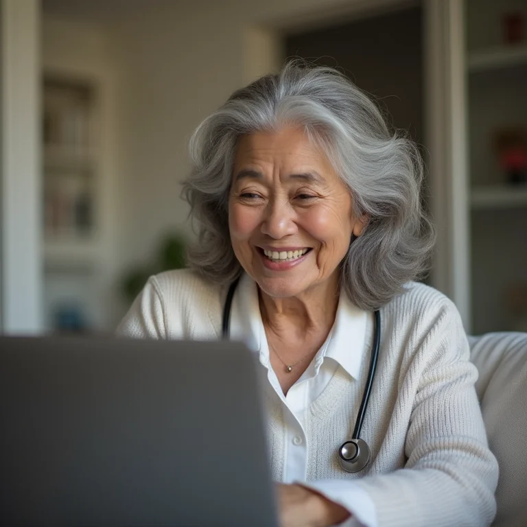 Mulher asiática brasileira em consulta online sobre opções de tratamento para endometriose.