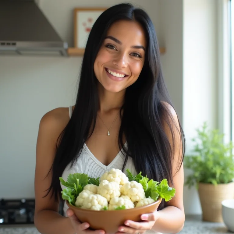 Mulher asiática-brasileira sorrindo com couve-flor