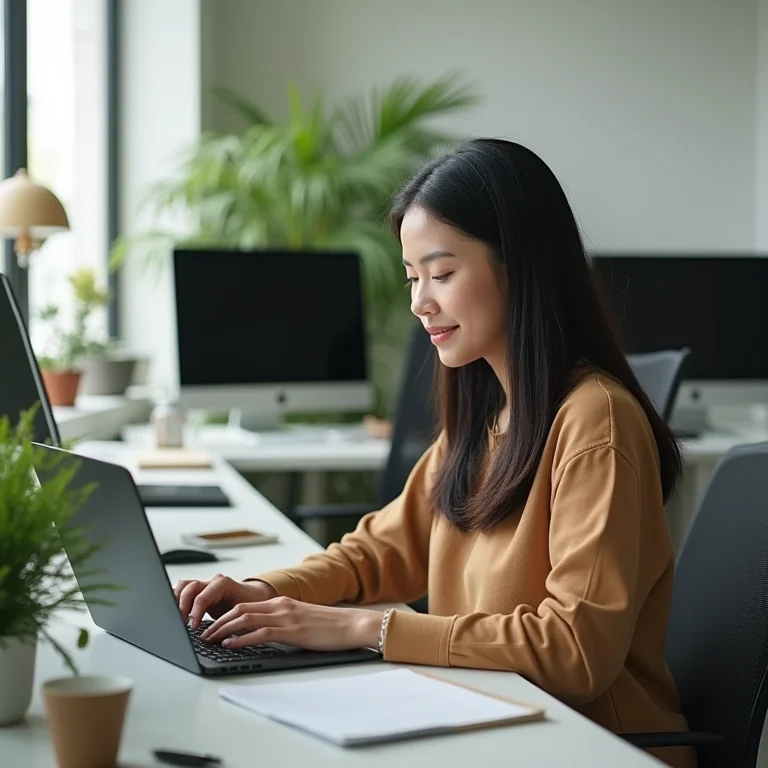 Mulher asiática-brasileira trabalhando em seu escritório