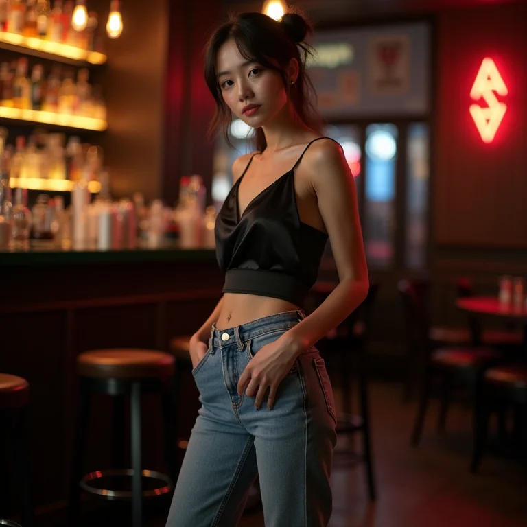 Mulher asiática com calça jeans reta de lavagem clara, regata de seda preta e salto alto em um bar