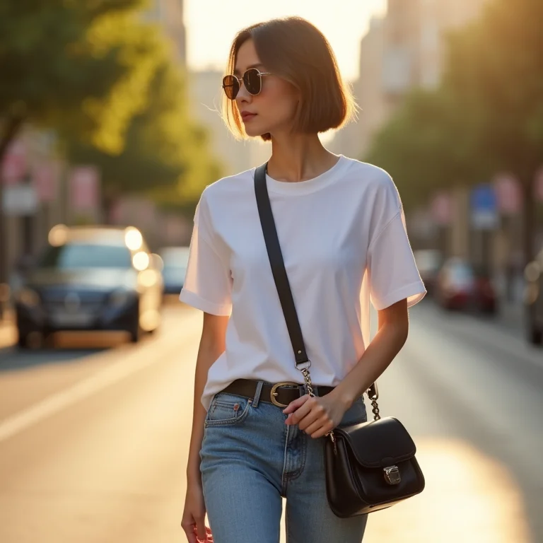 Mulher asiática com camiseta branca, jeans e bolsa tiracolo preta