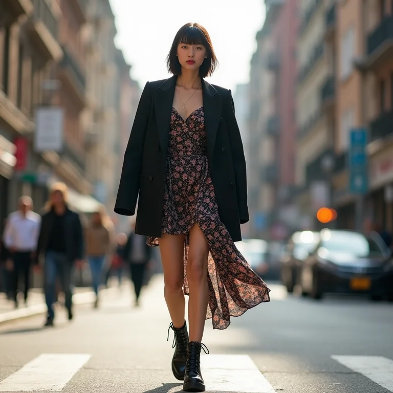 Mulher asiática com vestido floral, blazer e coturno indo para o trabalho