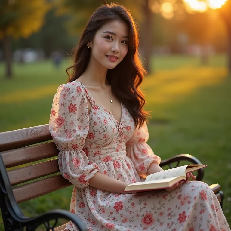 Mulher asiática com vestido floral longo e mangas bufantes sentada em banco de parque