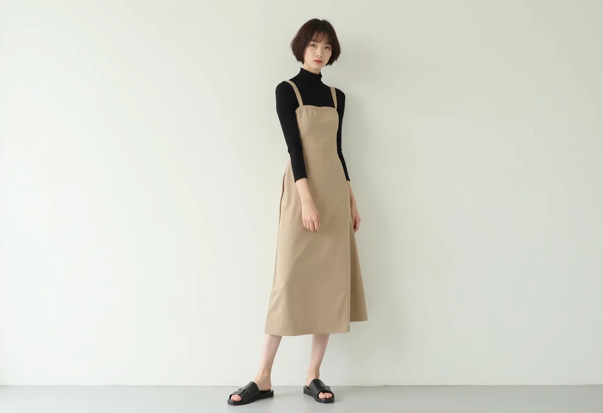 Fuja do óbvio: As marcas de roupa minimalista que você precisa conhecer Mulher asiática elegante com vestido minimalista bege da marca A Niemeyer