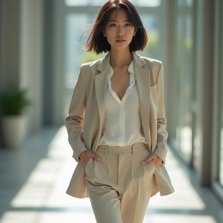 Mulher asiática elegante usando blazer de linho e calça de alfaiataria em ambiente de escritório