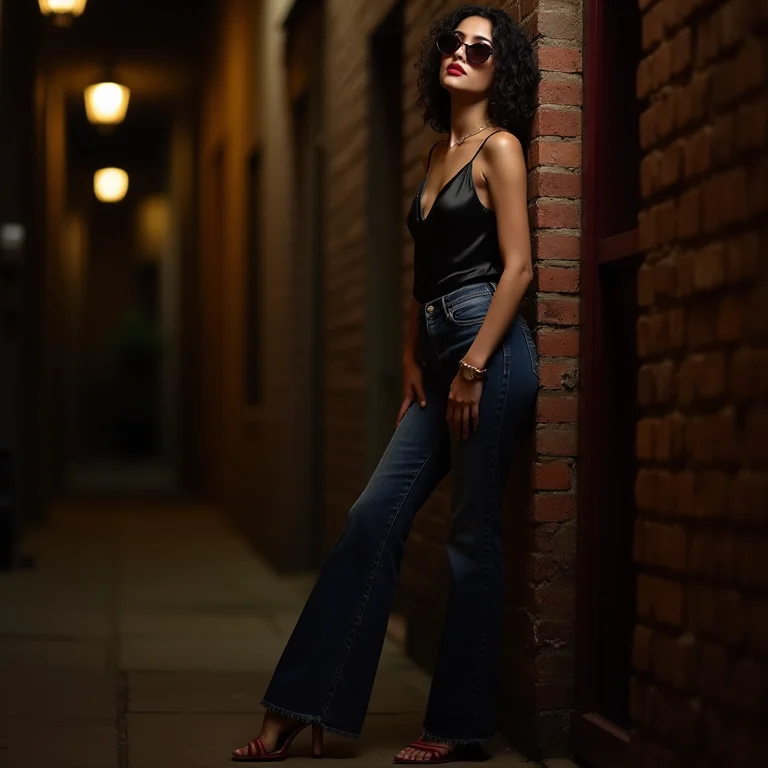Mulher asiática elegante usando mom jeans e salto alto para um look noturno