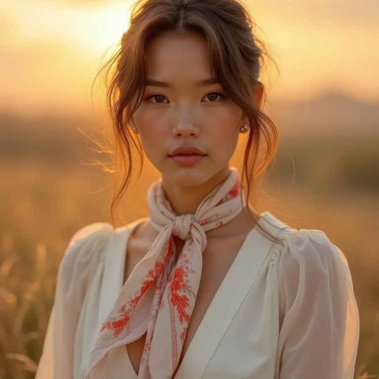 Mulher asiática estilosa com lenço de seda no pescoço