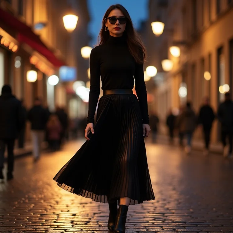 Mulher asiática estilosa usando saia midi plissada preta e gola alta em look noturno urbano