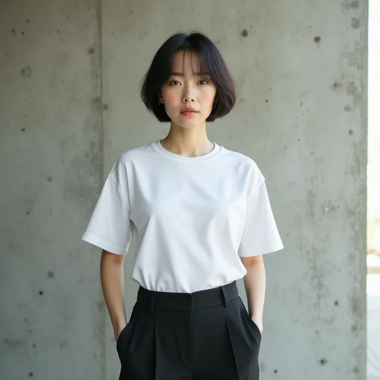 Mulher asiática Gen Z usando camiseta branca e calça preta em frente a parede de concreto