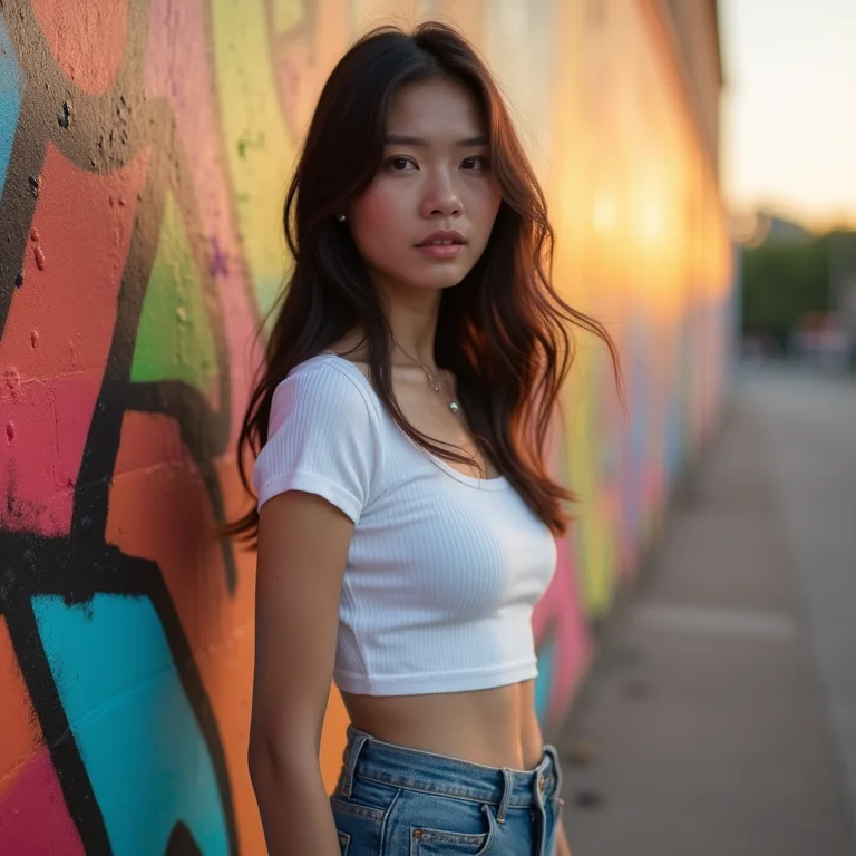 Mulher asiática jovem com cropped top branco e calça jeans de cintura alta