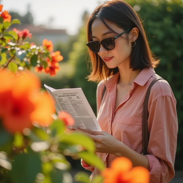 Mulher asiática lendo as instruções de um fertilizante para bougainvillea