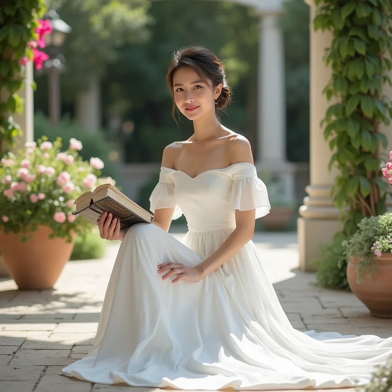 Mulher asiática madura em um pátio clássico com piso de pedra.