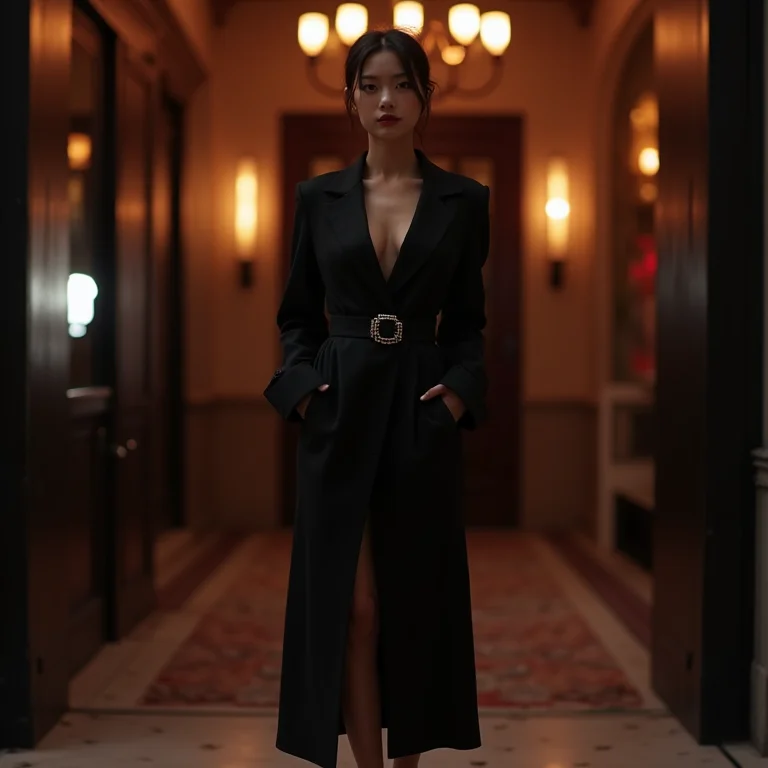 Mulher asiática magra usando blazer preto alongado como vestido para a noite
