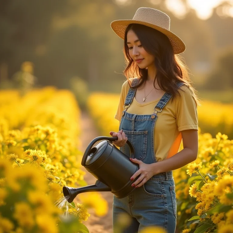 Mulher asiática regando plantas de mangarito amarelo em um jardim ensolarado.
