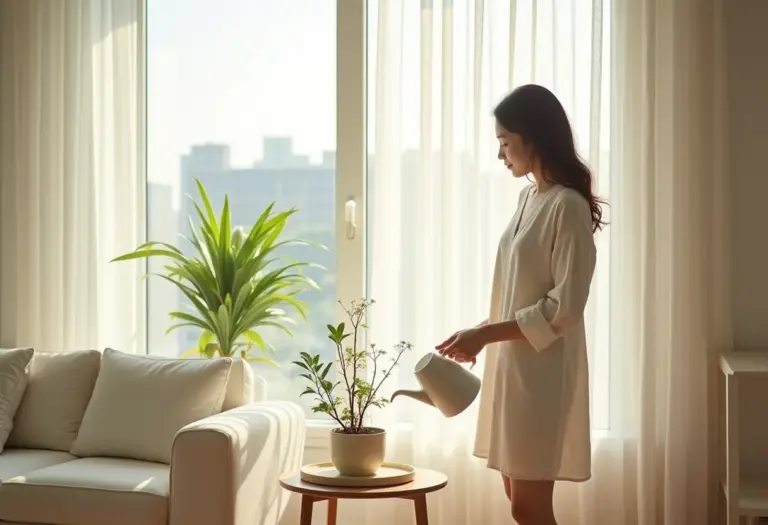 Mulher asiática regando Zamioculca em sala de estar minimalista