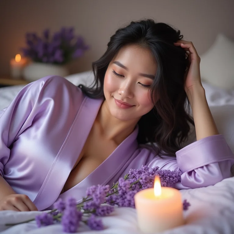 Mulher asiática relaxando em quarto decorado com lavanda
