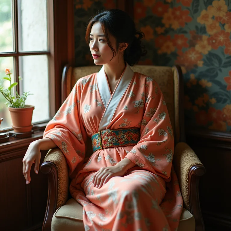 Mulher asiática sentada em cadeira vintage em cantinho temático com arte popular e quimono floral