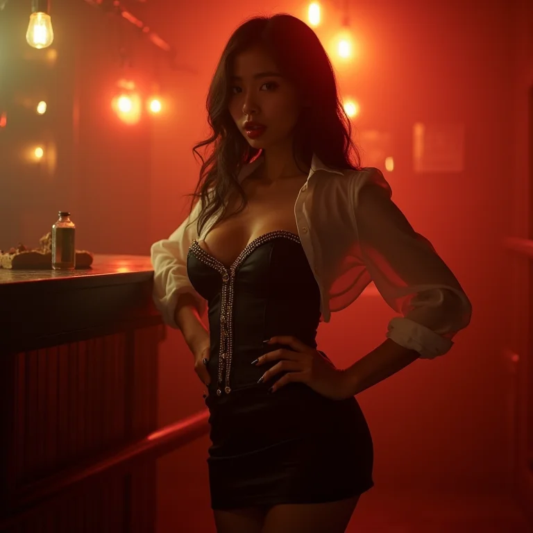 Mulher asiática usando camisa transparente com corset de cetim e mini saia para a noite