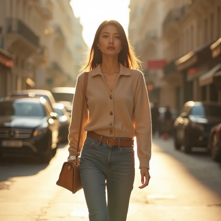 Mulher asiática usando cardigan curto bege com jeans e loafers em Paris
