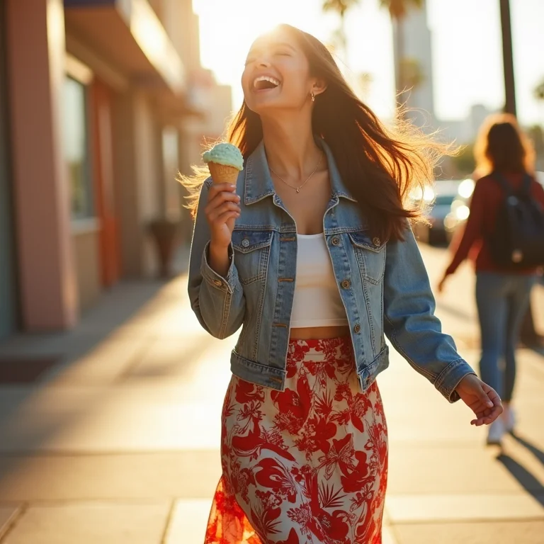 Mulher asiática usando jaqueta jeans, saia midi estampada e tênis branco em look casual