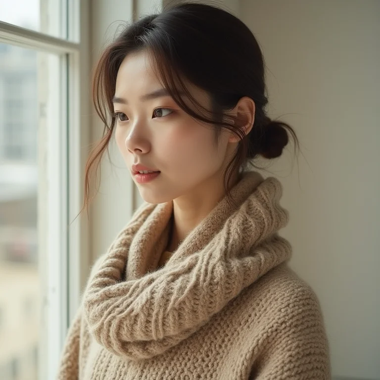 Mulher asiática usando looks monocromáticos em tons de bege