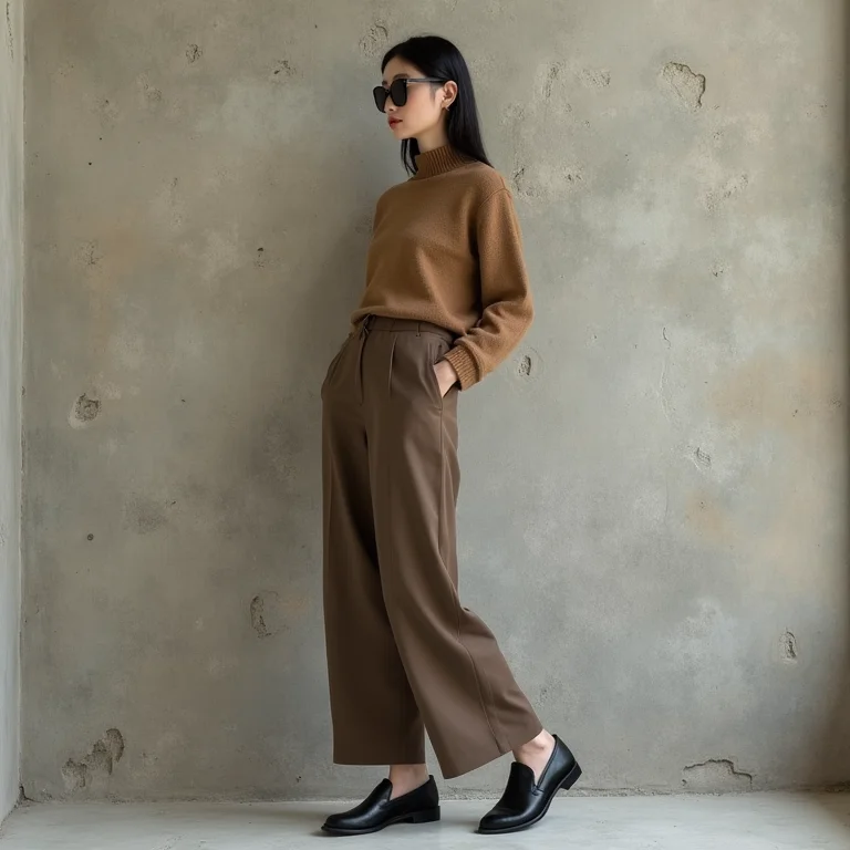 Mulher asiática usando oxfords pretos, look casual e elegante