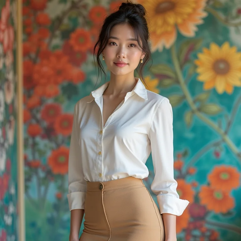 Mulher asiática usando saia lápis de cintura alta e blusa branca, em frente a um mural colorido