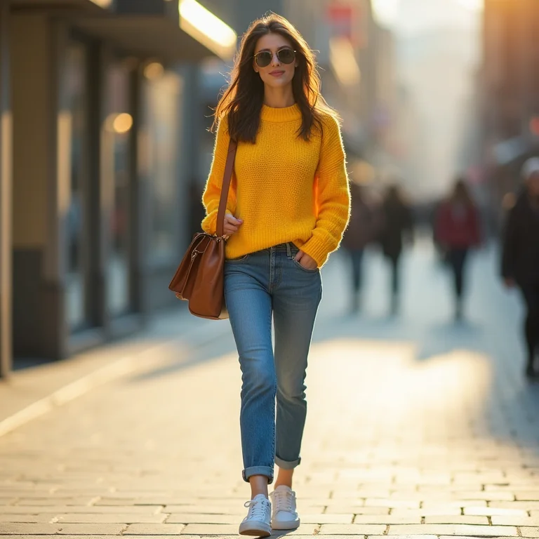 Mulher asiática usando suéter amarelo, jeans e tênis branco em um look casual