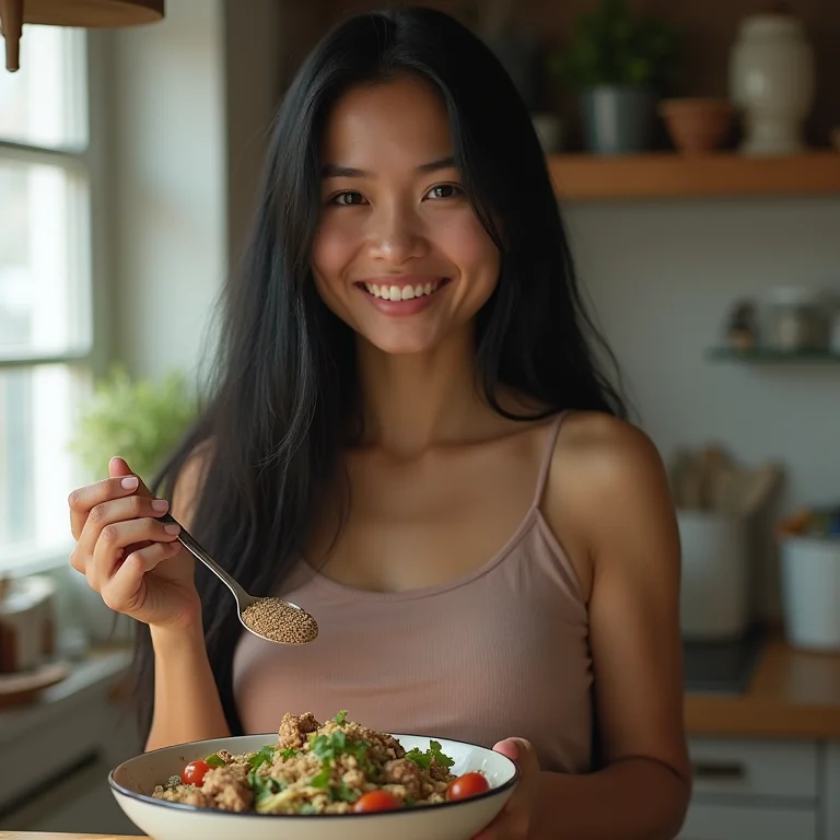 Mulher asiático-brasileira adicionando linhaça à refeição para fortalecer a imunidade