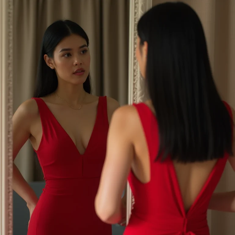 Mulher asiático-brasileira alugando vestido para festa