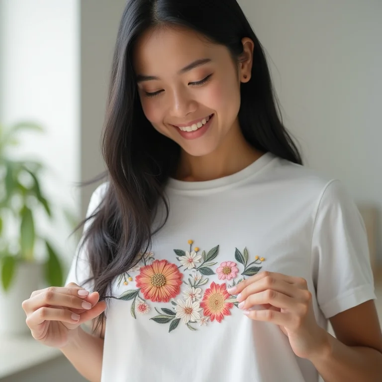 Mulher asiático-brasileira bordando camiseta branca